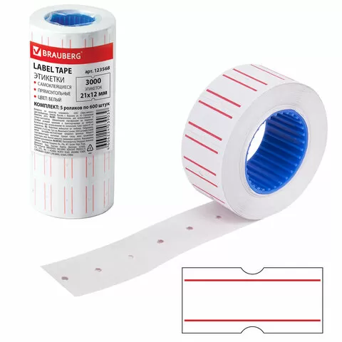 Этикет лента 21*12мм прямоуг бел.с крас.полосой, 5рул/упак/20